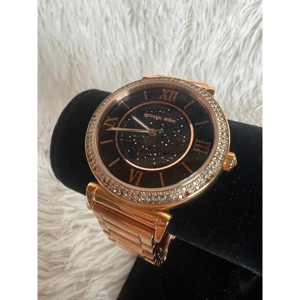 Michael Kors Watch Rose Gold  Black Sparkle Dial Crystal‎ Bezel Needs Battery